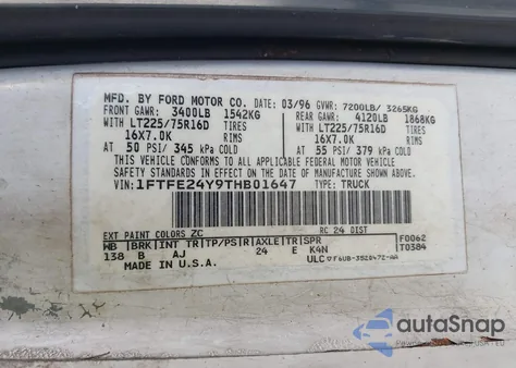 1996 Ford Econoline E250 Van from USA, damaged, VIN 1FTFE24Y9THB01647